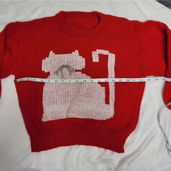VINTAGE handmade red knit cat kids sweater M/L - Picture 5 of 6